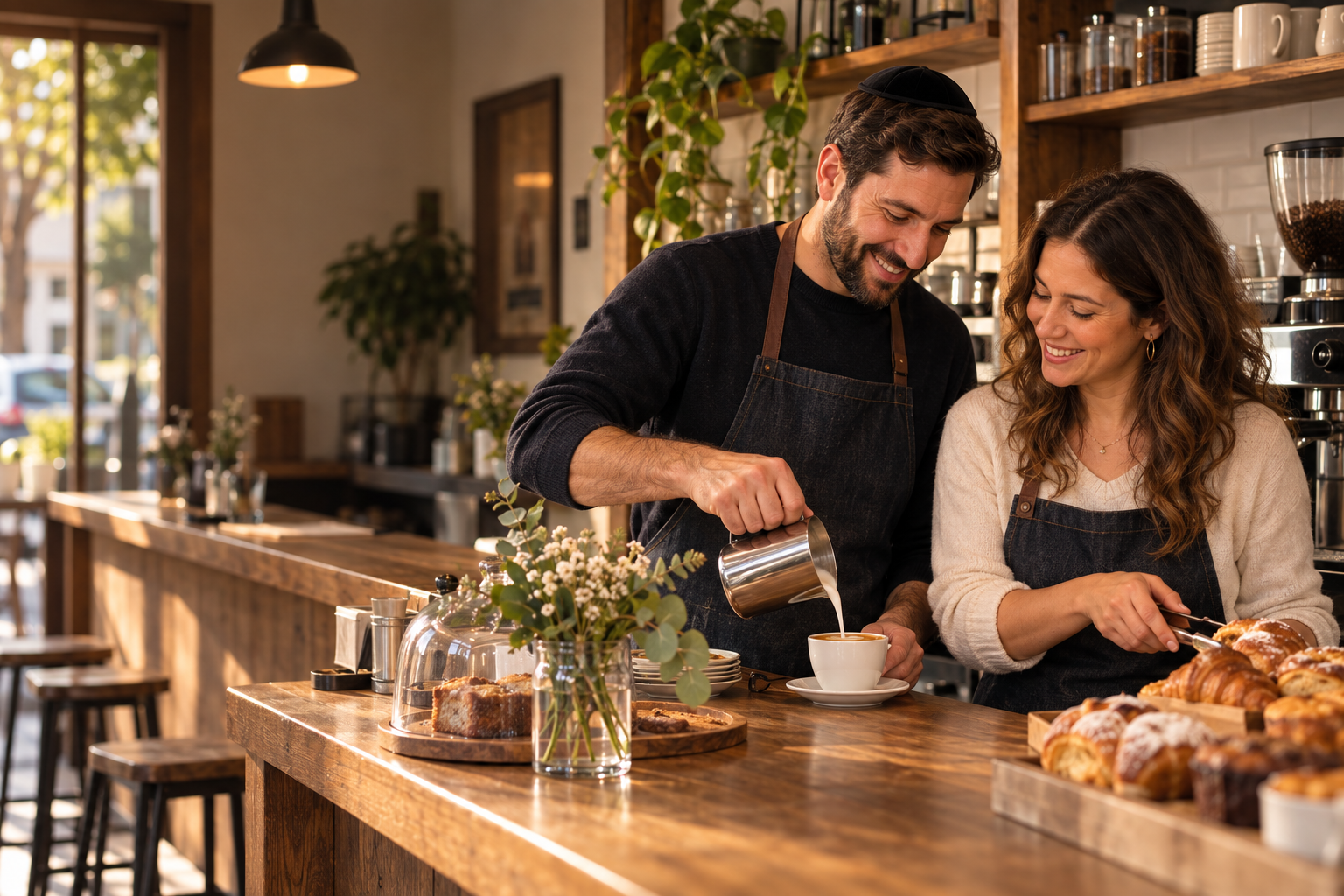 Una pareja trabajando en su cafetería