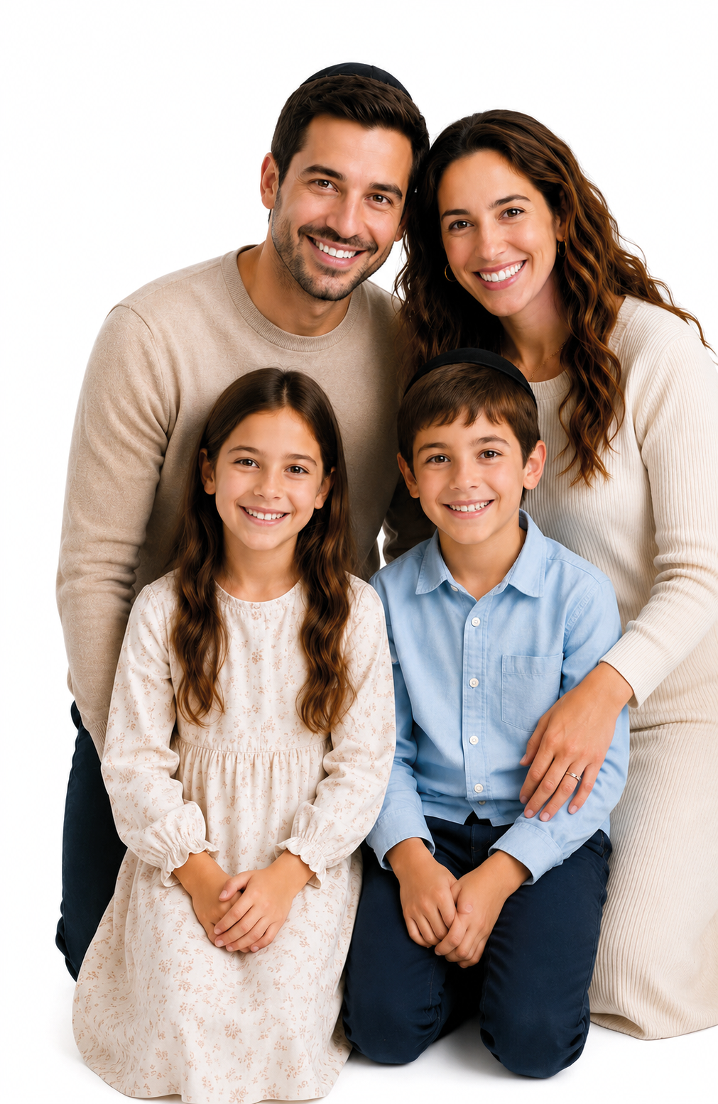 Familia de la comunidad judía, reunida y sonriente